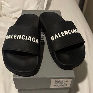 Balenciaga Black Slides with White Logo